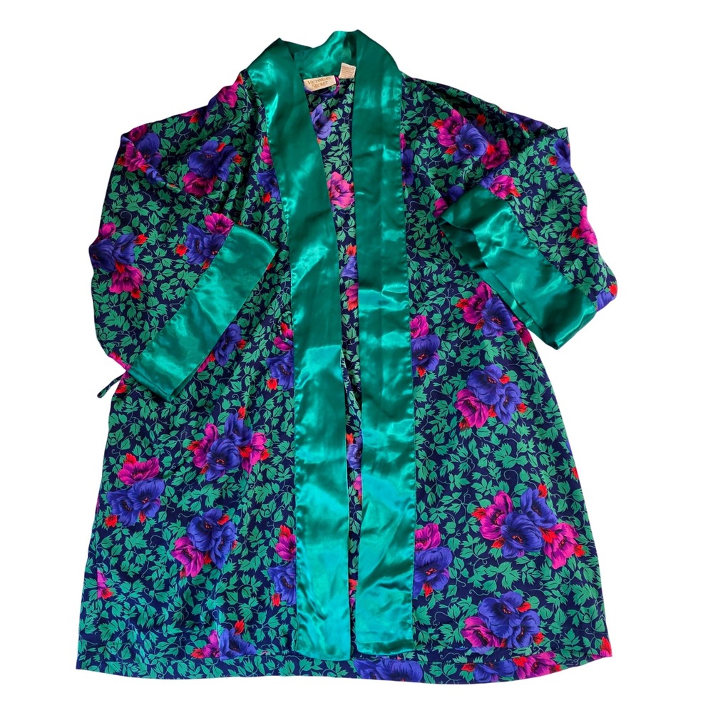 Vintage Victorias Secret Floral Satin Trim Short Robe One Size Gold Lbl Ivy READ